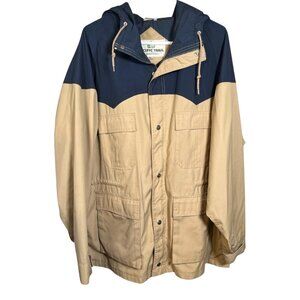 Vintage Men's Hooded Jacket Outdoor Trail Zip Front Blue Tan Coat Size XL